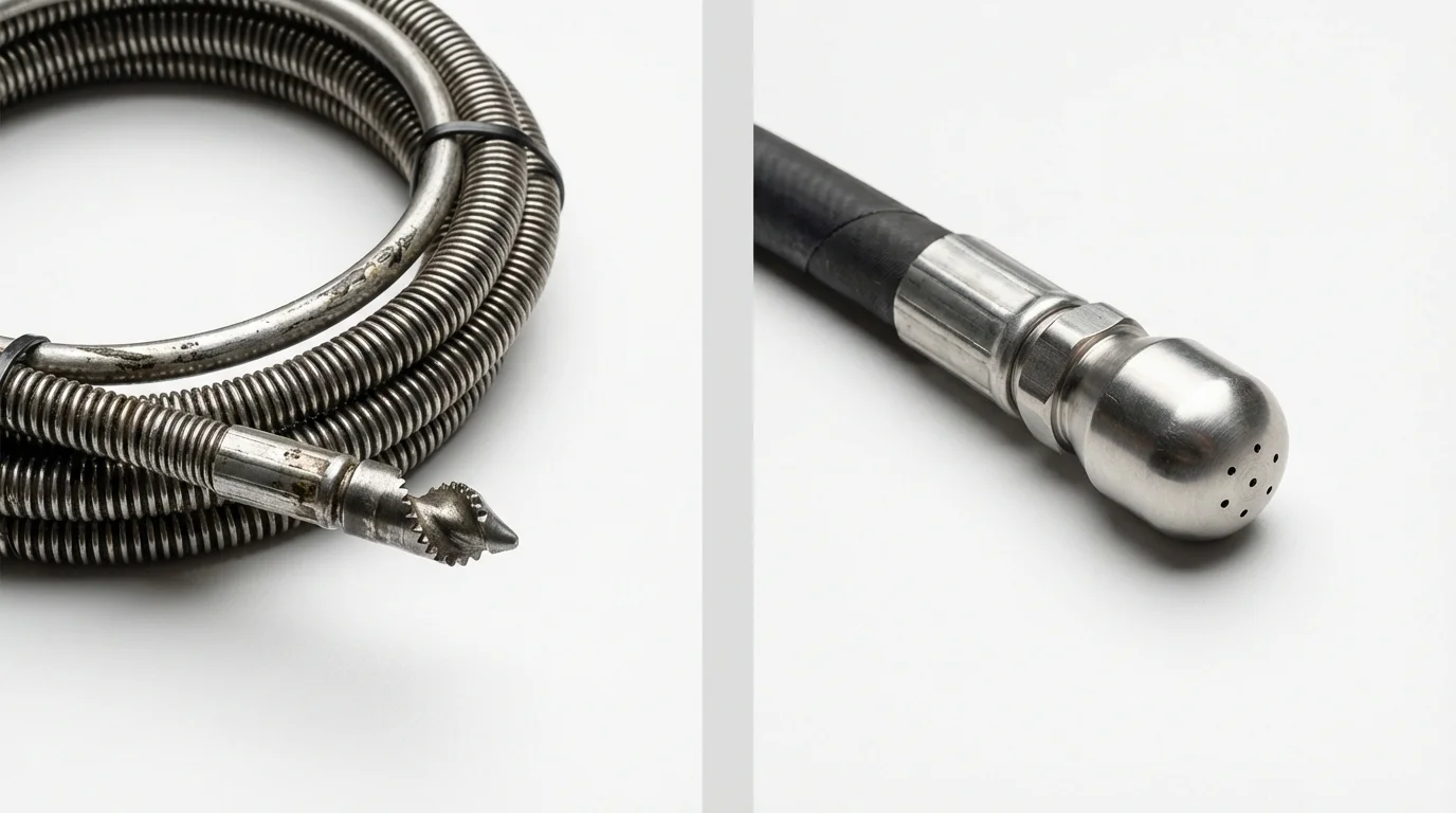 Drain snake cable and hydro jetting nozzle used for drain cleaning in Milton, WI