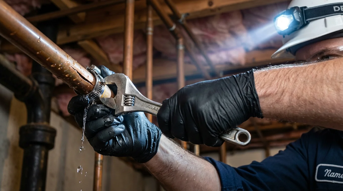 Emergency pipe clamp repair being performed by a Johns Plumbing LLC plumber in Milton