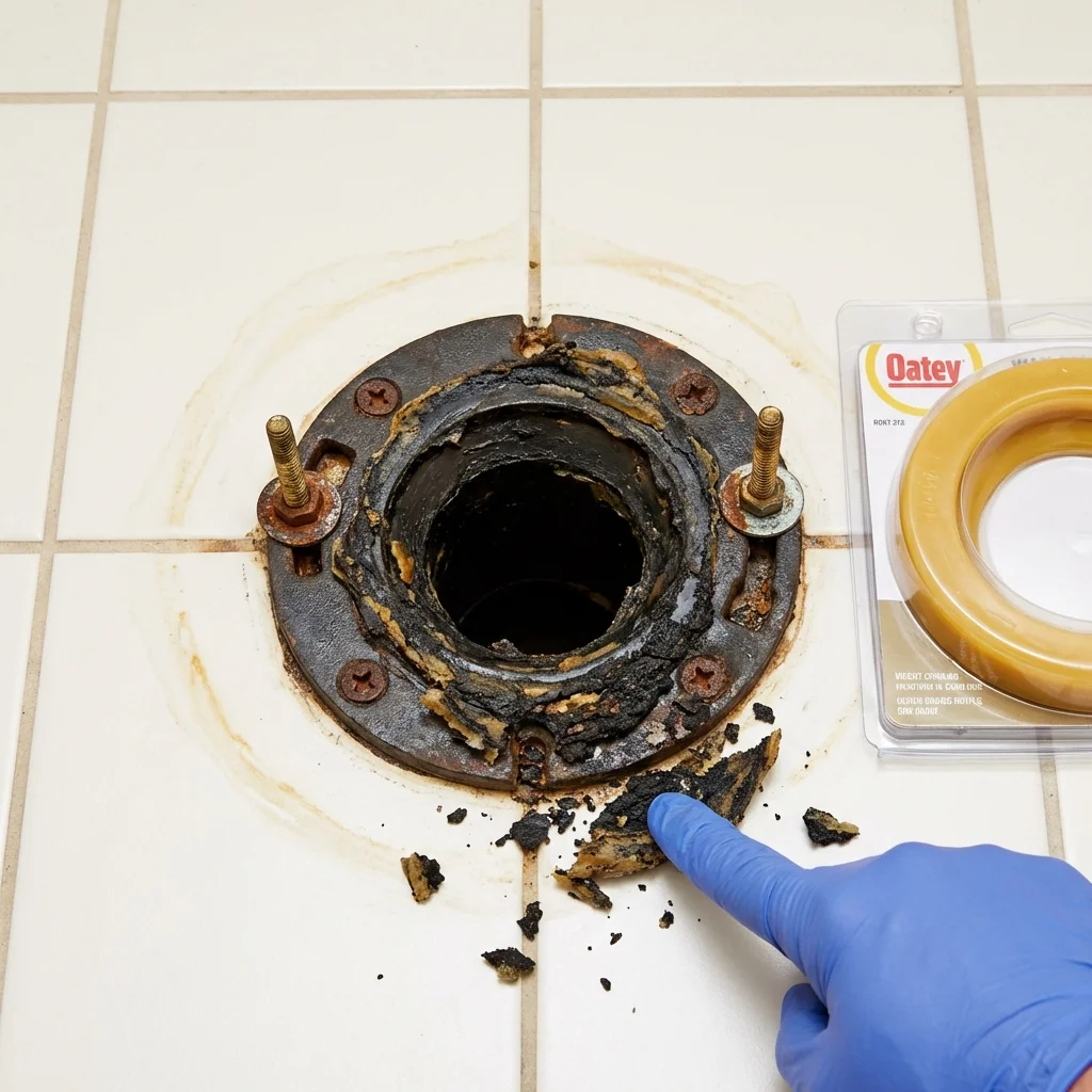 Failed wax ring showing water seepage at the base of a toilet in a Milton, WI home