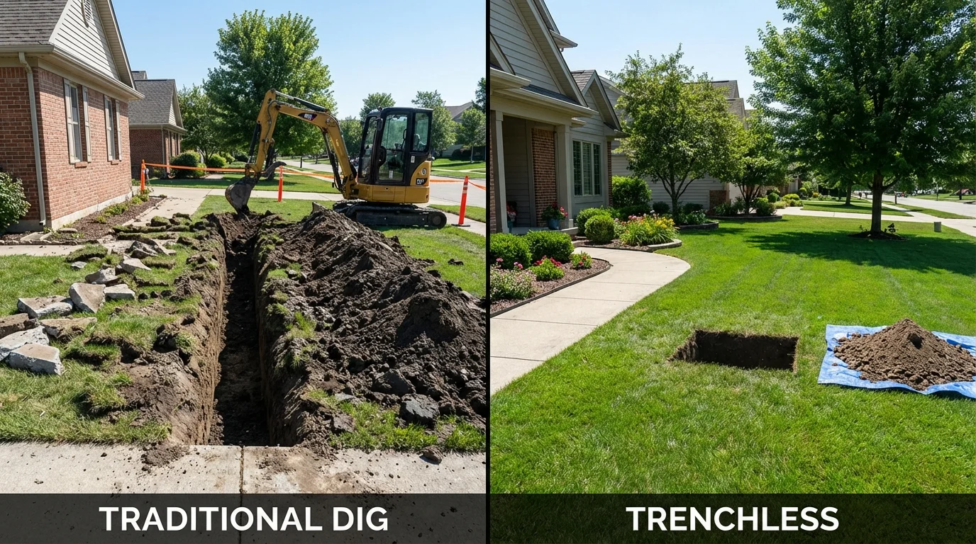 Trenchless sewer repair with minimal yard damage versus traditional excavation in Milton, WI