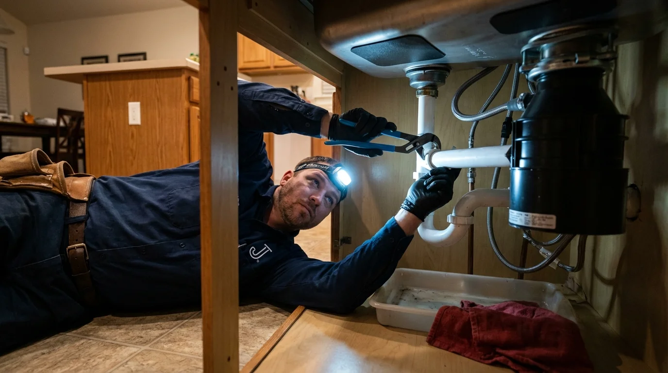 P-trap and supply line connections under a kitchen sink showing a common leak point in Milton, WI